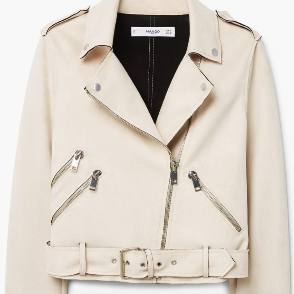 Mango Size S White Faux-suede Zipped Biker Jacket